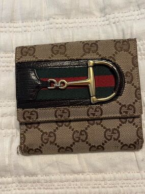 Gucci Beige Monogram Canvas Card Holder with Green-Red Web and Gold Hardware